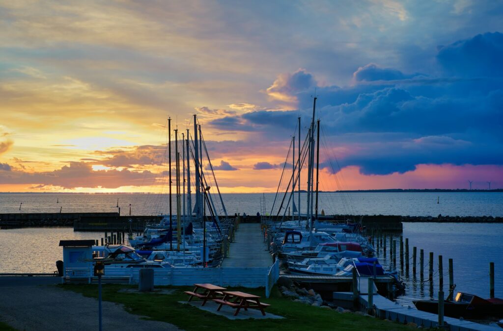 Charter and tour boats tied up at a marina dock at sunset, waiting on unpaid balances